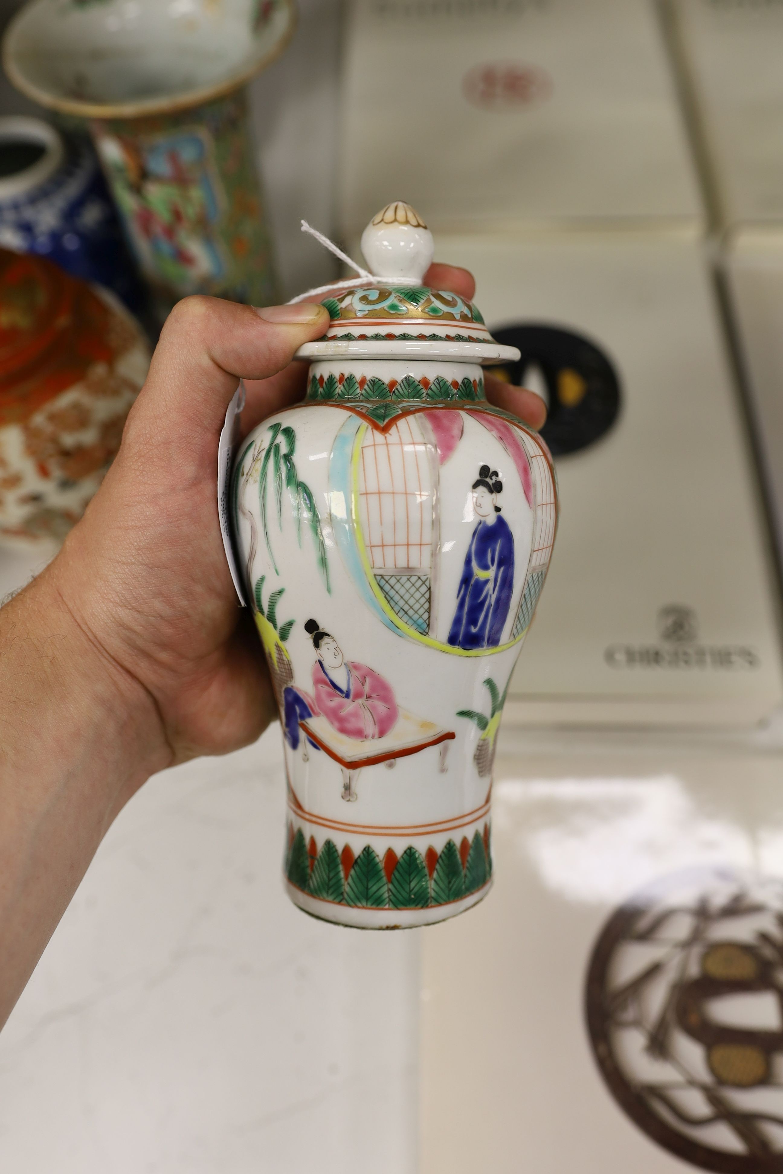 A Chinese famille charger, three vases and a plate, together with other Chinese and Japanese ceramics (13 items), Charger 48 cms diameter